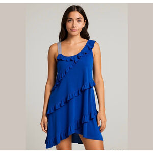 Belldini NWT cobalt blue asymmetrical knit dress w rhinestones and ruffles Sz XL